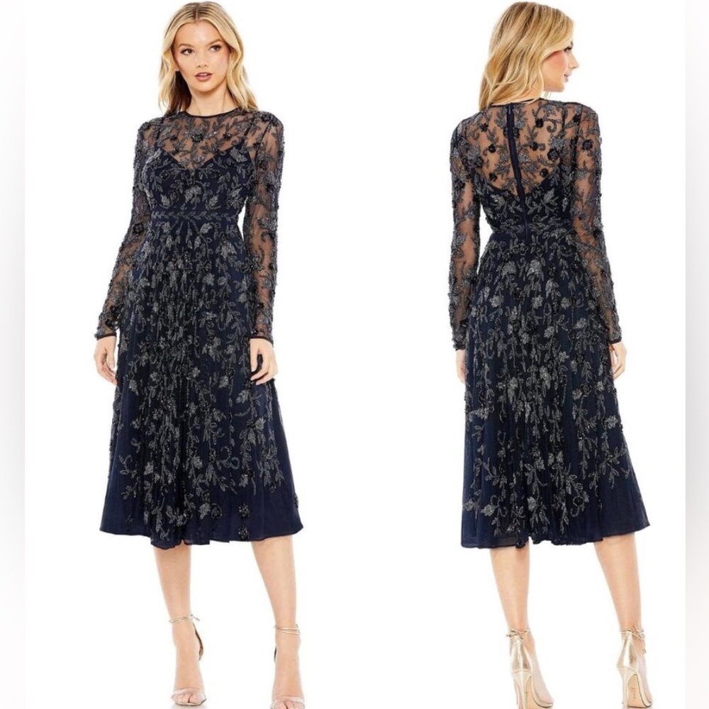 Mac Duggal Beaded Illusion High Neck Long Sleeve A Line Gown 8 Blue NWT